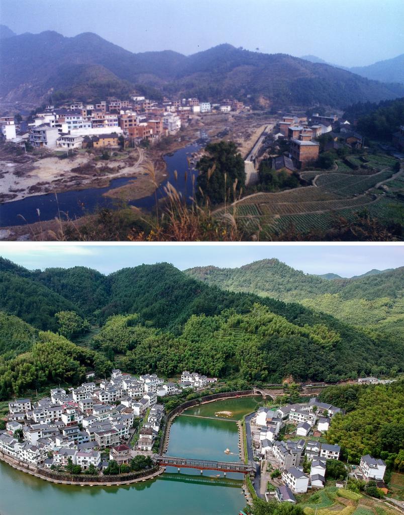 圖為浙江省杭州市淳安縣楓樹嶺鎮(zhèn)下姜村拼版圖,其中上圖為資料照片、下圖由新華社記者張鋮攝。